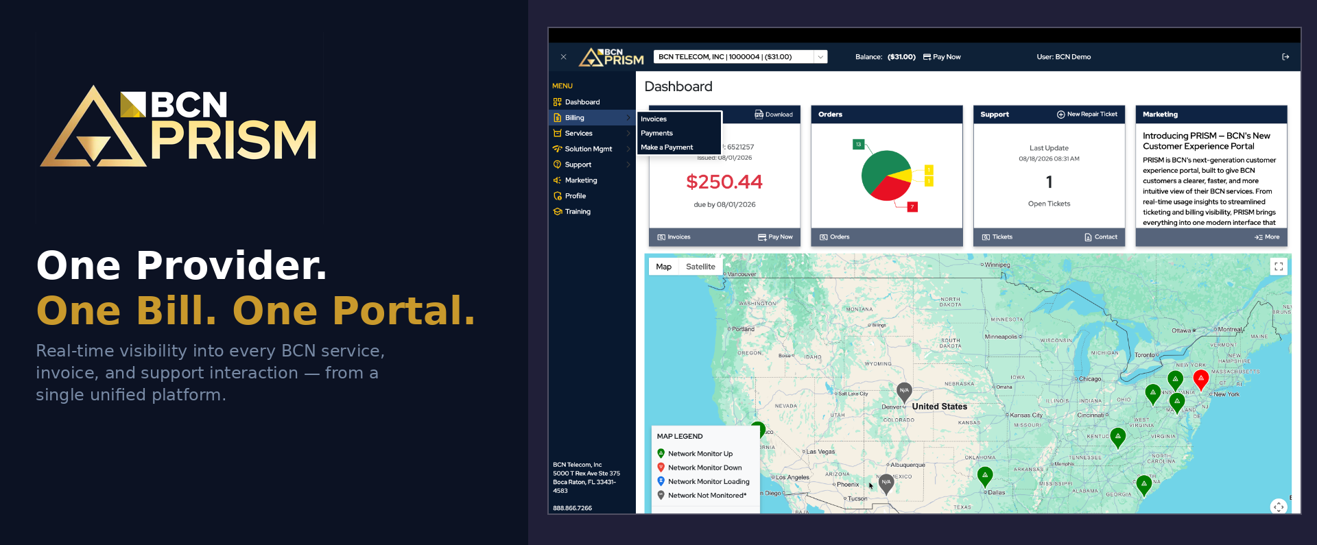 BCN PRISM — One Provider. One Bill. One Portal. Real-time visibility into every BCN service, invoice, and support interaction, shown beside the PRISM dashboard.