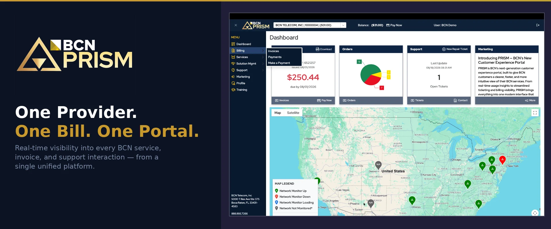 BCN PRISM — One Provider. One Bill. One Portal. Real-time visibility into every BCN service, invoice, and support interaction, shown beside the PRISM dashboard.